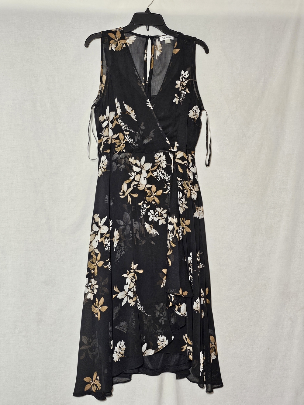 Calvin Klein Black Floral Wrap Midi Dress with Cream and Tan Blooms